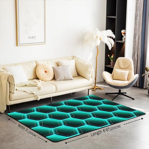Tapis antidérapant géométrique hexagonal bleu sarcelle pour chambre