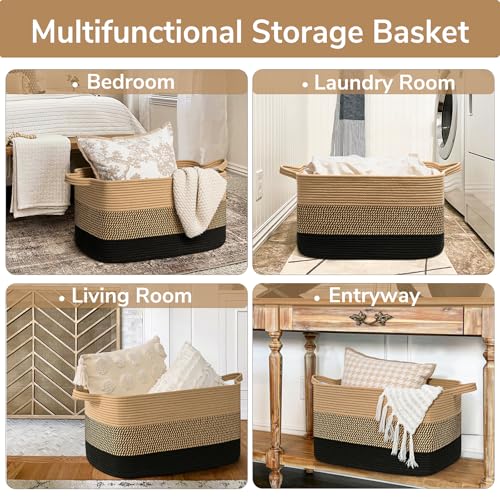 Goodpick Woven Blanket Basket, 21.6" x 14.9" x 11.8" Wicker Laundry Basket for Clothes, Storage Baskets for Organizing, Rectangle Rope Large Baskets for Storage, Black Jute