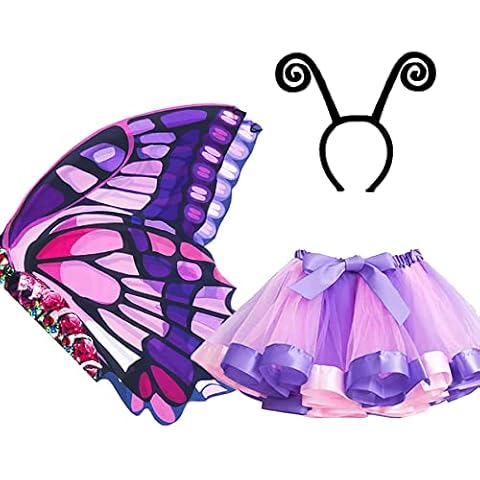D.Q.Z Kids Fairy Butterfly-Wings Costume for Girls Halloween Butterfly Costumes & Rainbow Tutu Dress Up Party Supplies (Purple-Pink) Cover