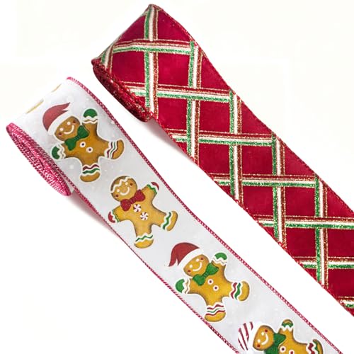 2 Rolls Christmas Ribbon 2.5 5 Yards Gingerbread Man Wired Burlap Ribbon Glitter Red Plaid Christmas Decor Ribbons for Christmas Tree Wreath Bow Crafts Hanging Decorations Gift Wrapping Supplies