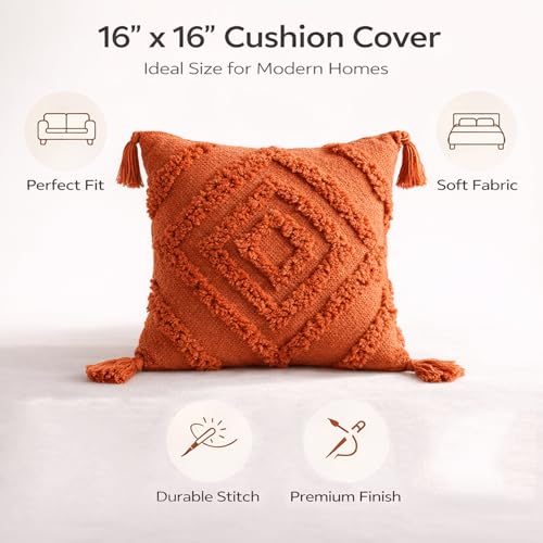 Image of SILK & YANA 16x16 Cotton Cushion Covers Set of 5 | Hand-Tufted Decorative Throw Pillow Covers with Boho, Geometric & Textured Designs | Tassel-Trimmed Covers for Sofa | Terracotta