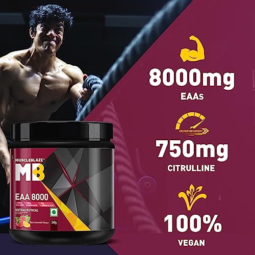 Image of MuscleBlaze EAA 8000 Powder (Razz Lemonade, 340g, 25 Servings) | 8000mg EAAs Blend, 1000mg Hydration Blend | 750mg L-Citrulline