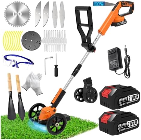 Electric Weed Wacker Eater Cordless Battery Powered, Weed Trimmer 21V Lightweight No-String with 2 Battery Operated & Wheels, 3 in 1 Stringless Grass Trimmer/Edger/Brush Cutter for Garden Yard Lawn