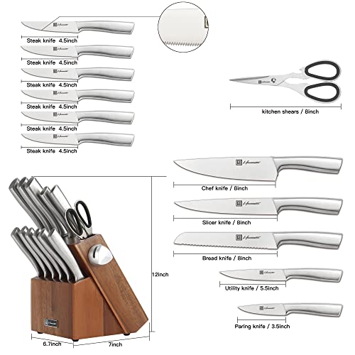 Kitchen Knife Set, 13 Pieces Stainless Steel Knife Sets for Kitchen with Block, Acacia Wood Knife Block Set with Sharpener, Gift Box Packed, Silver. - Image 6
