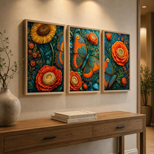 Image of Livin'luxe Set of 3 Butterfly Floral Wall Paintings for Living Room Bedroom Home Decor with Premium Wooden Color Synthetic Frame, Colorful Nature Art (25.5 x 19.5 Inch) NM03-73