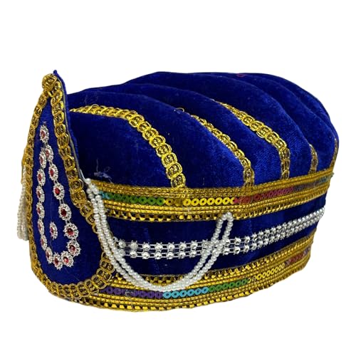 Image of Kaku Fancy Dresses Akbar Mughal King Pagdi Turban Safa Traditional Royal Headgear for Kids | Fancy Dress Costume Accessory for Historical Plays & Cultural Events - Blue