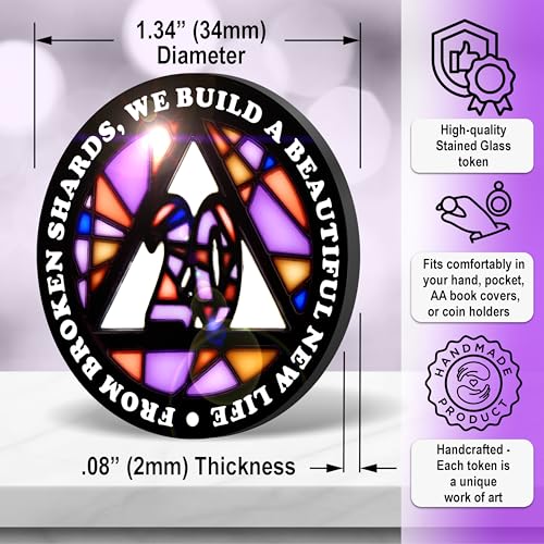 Image of Stained Glass 20 Year AA Chip Sobriety Coin Medallion, Fragments to Freedom Alcoholics Anonymous Addiction Recovery Anniversary Token, Inspirational Sober Gifts for Men and Women by the Token Shop