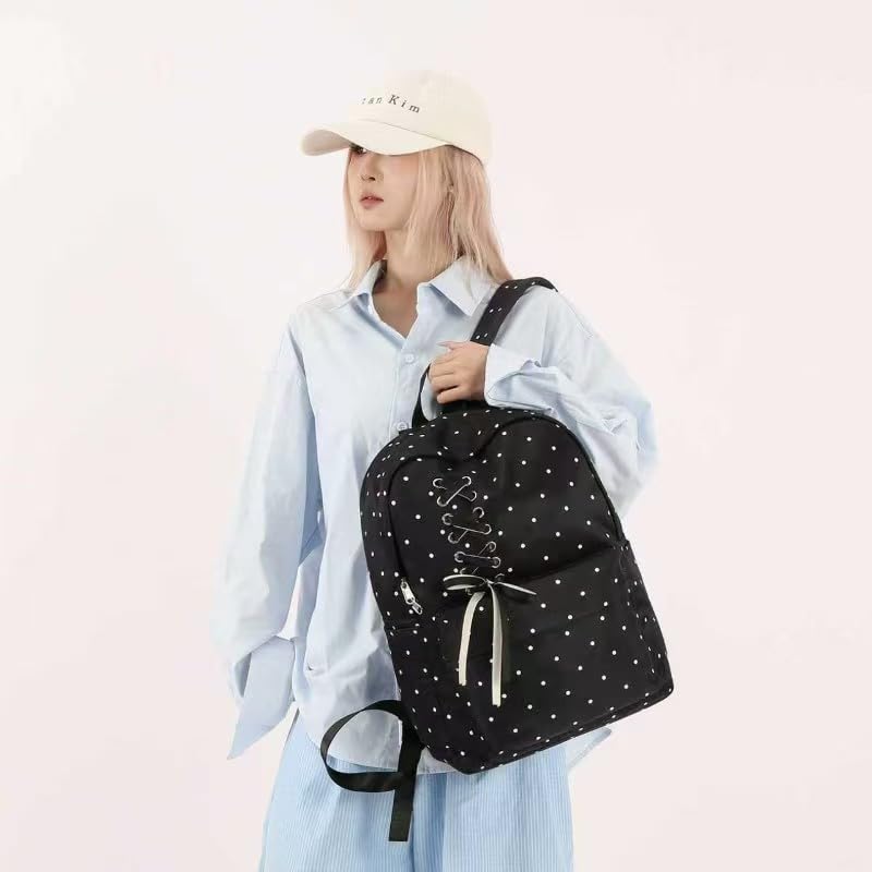 Women Casual Bag Polka Dot Print Versatile Travel Trip Backpack (Black)4