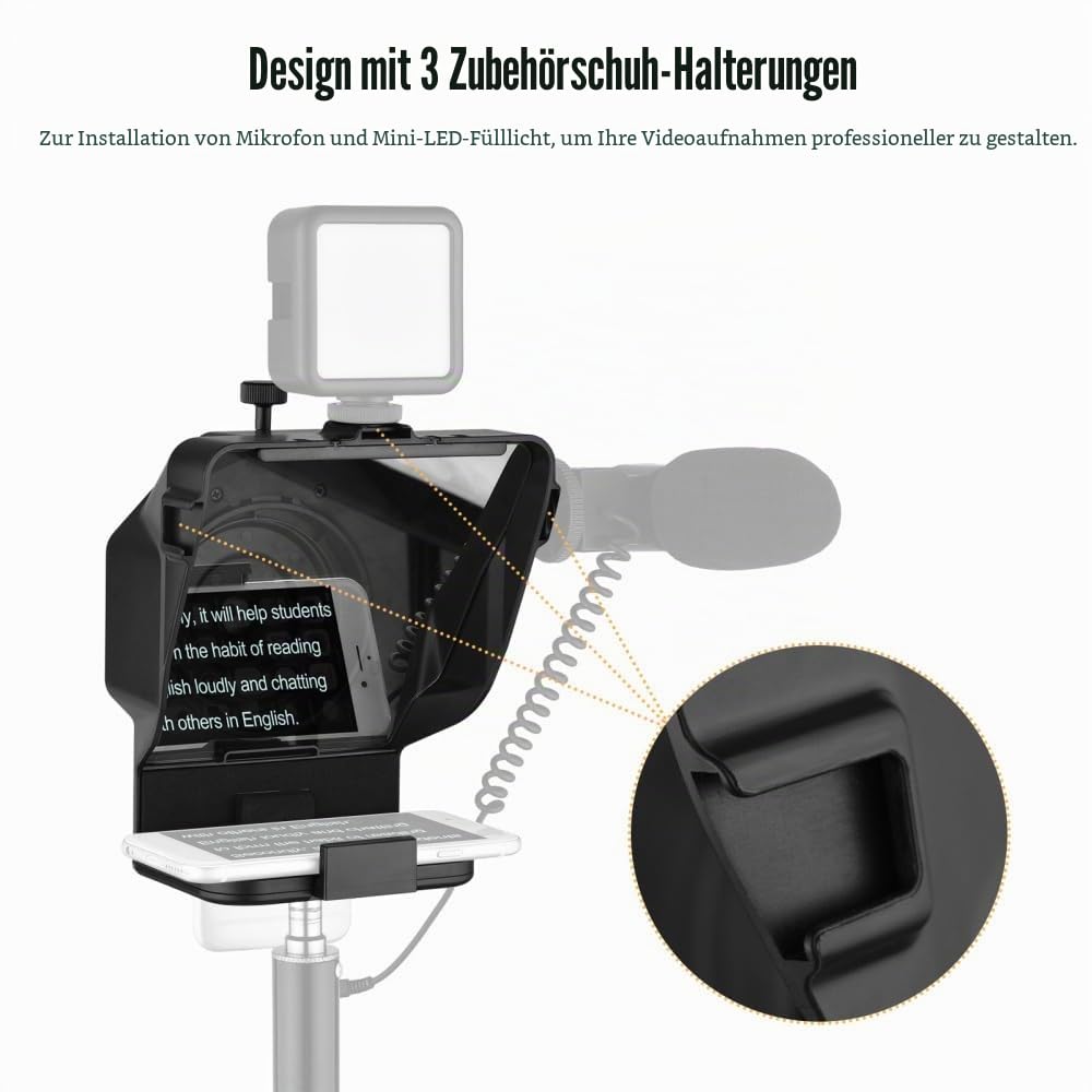 Tragbarer Smartphone Teleprompter Prompter mit Telefonhalter Adapter Fernbedienung für Videoaufnahmen Live Streaming Interview Präsentation Bühnensprache