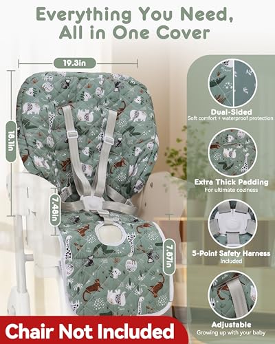 Image of Baby High Chair Cover Replacement, Reversible & Waterproof High Chair Cushion Pad Home & Restaurant use, Includes 5-Point Harness Strap, Chair Not Included (Dark Green)