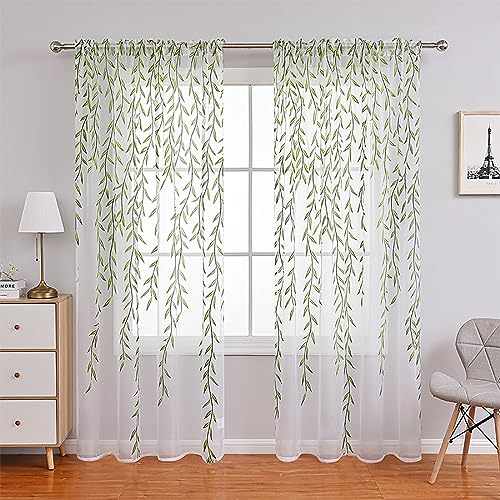 Image of Ufurty 2 Pieces Willow Leaf Window Curtain Voile Tulle Room Salix Leaf Sheer Vine Curtain Panel Drapes White Sheer Green Leaf Curtain for Living Room, Bedroom, Balcony
