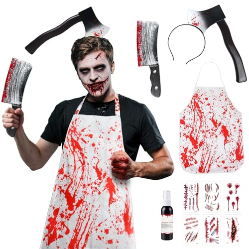 HERMORRYSS Halloween Blutige Schürze, Horror Kostüm, Zombie Kostüm Zubehör mit Gruseligem Haarschmuck und Realistischem Blutspray, Gruselig...