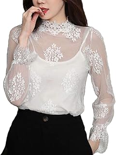 [エンジェルムーン] 総レース トップス 長袖 立ち襟 ハイネック 花柄 チュール シースルー