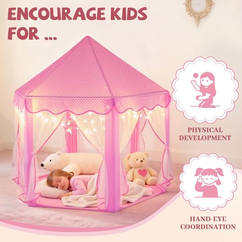 Sumbababy Princess Castle Tent for Girls Fairy Play Tents for Kids Hexagon Playhouse with Fairy Star Lights Toys for Children or Toddlers Indoor or Outdoor Games (Pink) - Image 5