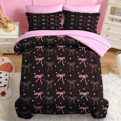 Image of Nesker Bow Comforter Set Queen Size, 7 Pieces Bed in a Bag, Pink Black Bow Bedding Set for Girls, Cute Bowknot Comforter Set with 2 Pillowcase & 2 Sham