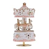 B&S FEEL 3-Horse Carousel Music Box Melody Carrying You from Castle in The Sky(Laputa)(White)