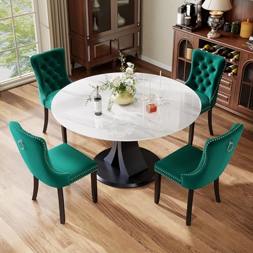 Image of 5-Piece Dining Table Set with 47In Faux Marble Table and 4 Velvet Upholstered Chairs, Modern Scandinavian Furniture for Dining Room Kitchen(Green)