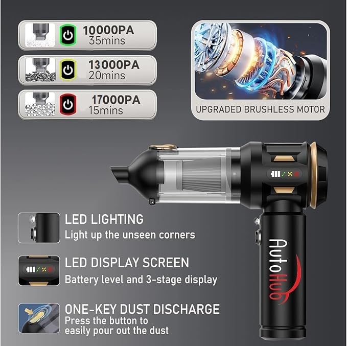 Image of Auto Hub 4 in 1 Vacuum Cleaner for Car & Home, Cordless Car Vacuum Cleaner & Blower | Rechargeable 6000mAh | BLDC Motor | 3 Speed Suction Upto 17000PA - 1 Year Warranty