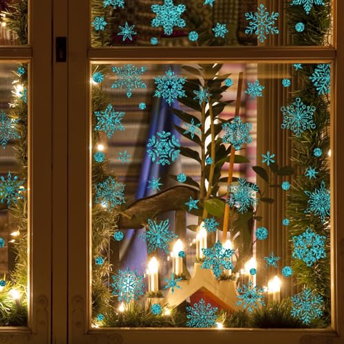 WandSticker4U®- Glitzer-SCHNEEFLOCKEN in BLAU/TÜRKIS I Fensterbilder...