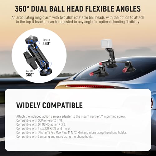 Image of NEEWER Triple Suction Cup Camera Car Mount [Simplified] with Phone Holder & Action Camera Adapter Compatible with iPhone GoPro OSMO Action Pocket 4 3 2 Hero 13 12 11 10 Insta360 Samsung, CA067