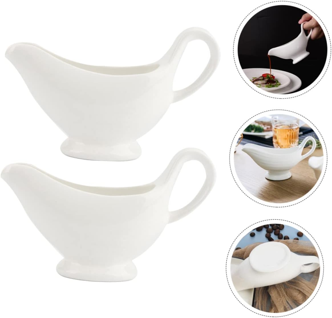 2Pcs Gravy Boats with Handle Saucier Condiment Sauce Boats for Serving Classic Design White Porcelain 300ml Each