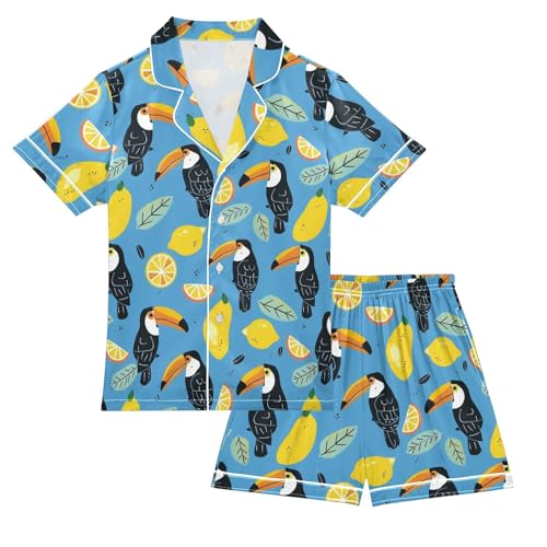 Cute Toucans and Lemons Summer Satin Pajama Set, Cute Button-Down Sleepwear Pj Set for Sleep Wears