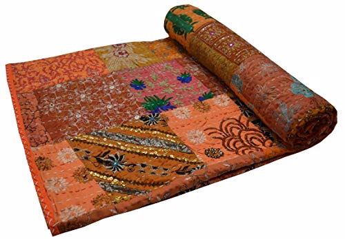 V Vedant Designs Khambadiya Print Hand Jari Pacthwork Cotton Quilt Gudri Vintage Handmade Kantha Indian Throw Bedcover Bedspread Khambadiya Quilts, Oragne, 90x108 Inch