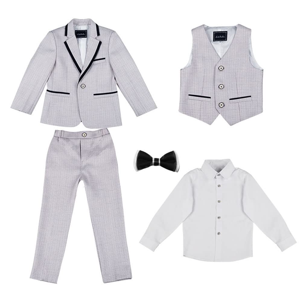 DAIHAN Infantil Traje de niño Actuación Boda Cumpleaños Fiesta Ceremonia Ropa Formal Conjunto de Smoking Chaleco de Vestir Blazer intura Elástica Pantalones Elegantes con Pajarita 2-7 años