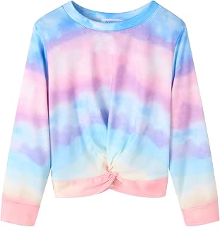 Arshiner Girls Casual Sweatshirt Twist Front Lightweight Tie-Dye Printed Long Sleeve Pullover Crop Top for Girls