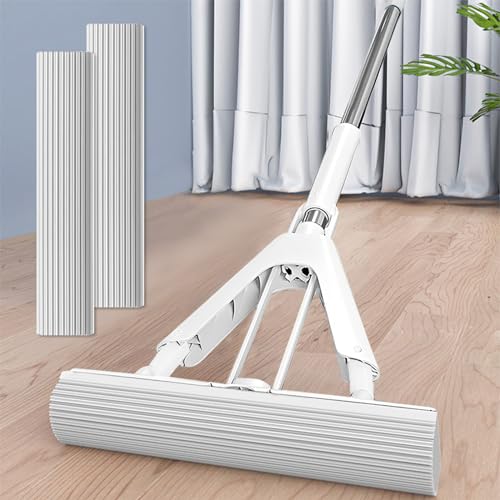SHASUXTING Sponge Mop Absorbent Roller Foam Mop with 50.39inch Extendable Handle and 2 Sponge Heads Self Wringing Mop Adjustable Cleaning Wet Mop for Hardwood Tile Kitchen Bathroom