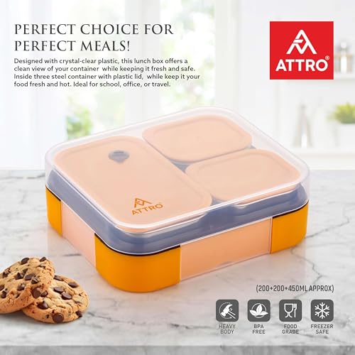 Image of ATTRO Admire 3 Compartment Stainless Steel Lunch Box BPA Free, Durable & Lightweight, Easy to Carry, Compact Design Ideal for School, Office, College & Travel-Tangy Orange- 800ml