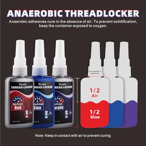 Image of Realth 50ml-3 Pack Threadlocker Purple Blue and Red M222 M243 M271 | Low Medium High Strength Thread Locker, Lock Tight Thread Lock for Metal, Fasteners, Nuts, Bolts to Against Losening and Seal