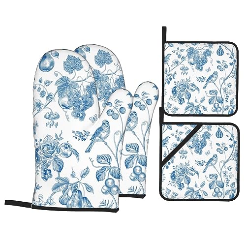 Blue and White Flowers Oven Mitts and Pot Holders Sets of 4, Moroccan Boho Prints Oven Mitts Non-Slip Heat Resistant Cooking Gloves for Kitchen Baking Grilling BBQ