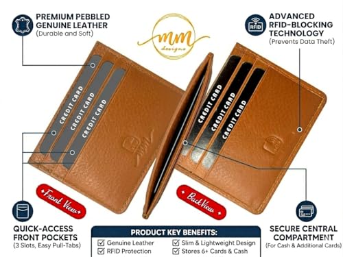 Image of MM Designs | Slim Leather Credit Card Holder for Men and Women | Genuine Leather RFID Blocking | Minimalist Wallet with 6 Card Slots (Gold Tan)
