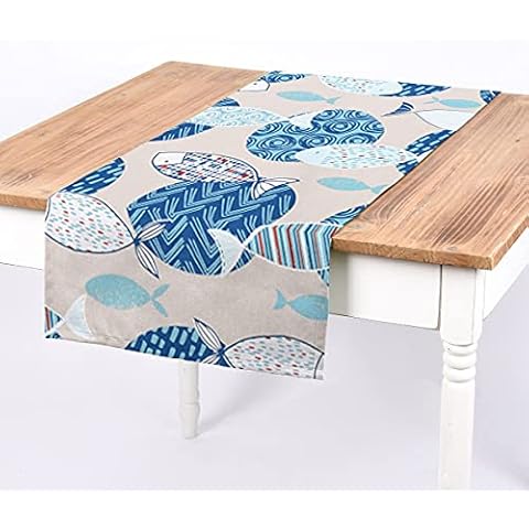 SCHÖNER LEBEN. Poisson - Camino de mesa (40 x 160 cm), diseño de peces, color beige y azul Cover