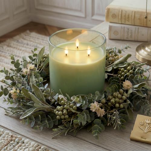 Image of Homemory 6 x 6 Inch Extra Large Flameless Candle with 3 Wicks, Sage Green Glass LED Pillar Candle, Real Wax Battery Operated Candle with Remote Control and Timer for Home Decor