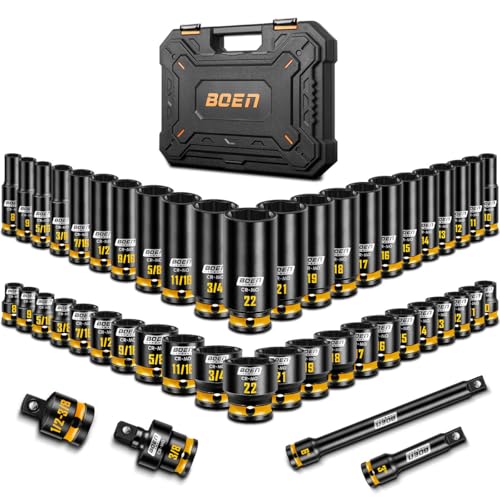 boen 3/8' Drive Impact Socket Set, 48-Piece Metric & SAE Size (8-22mm & 5/16'-3/4'), 6-Point Deep & Shallow Socket Set with Extension Bars, Adapter and Universal Joint, CR-MO Steel