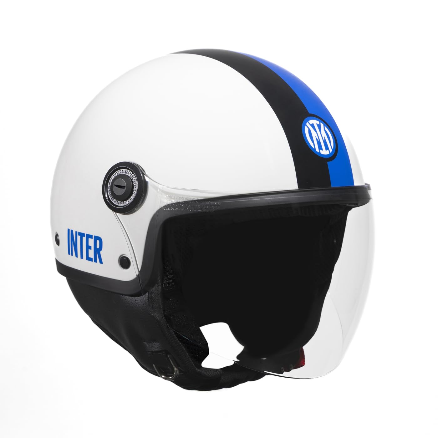 Tucano Urbano casco demi jet unisex EL'JETTIN INTER. Casco moto in policarbonato con grafica originale Inter FC. Casco estate inverno omologato ECE 22.06. Prodotto con Licenza Ufficiale.