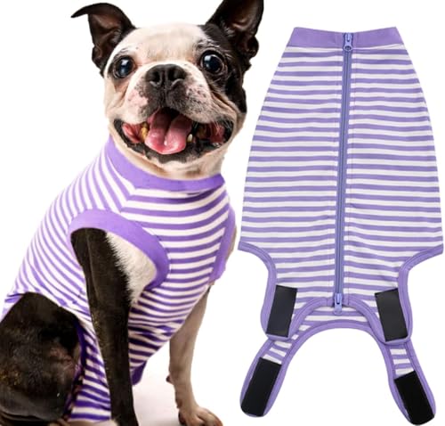 Image of Dog Surgery Recovery Suit Dogs Neuter Spay Female Male Protective Clothes,XXL Purple-White Striped