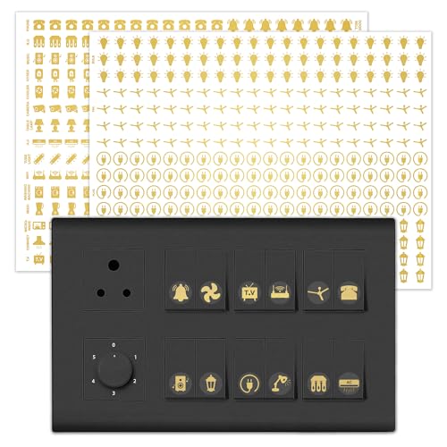 Image of GLUN Vinyl 600 Decorative Switch Board Button Self Adhesive Stickers for Wall,Plastic Surface,Metal,27 Icons for Fan,Light,Fridge,AC - 3-in-1 Gold,Golden Glow for Switch Board Decoration,30 x 23 cm