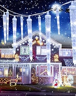 White 20 Tubes 90 LED Outdoor Icicle Lights, 8 Lighting Modes Memory Function Timer Crystal Ice String Lights, Connectable Icicle Lights, Christmas Icicle Lights for Christmas Decorations