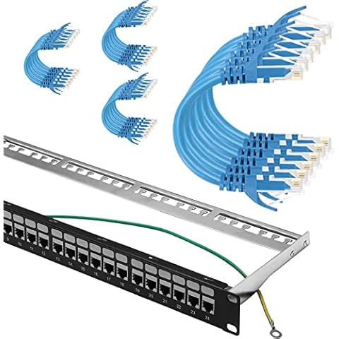 Rapink Patch Panel 24 Port Cat6A Bundle with Patch Cables Cat6 1ft 24 Pack Blue Cover