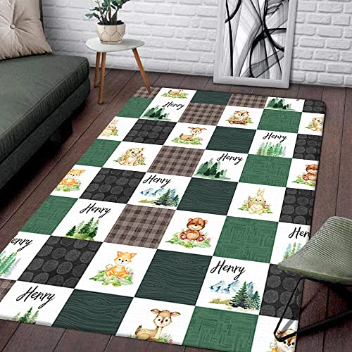 ENCYCOM Personalized Green Woodland Rug Playmat with Custom Name, Cute Bear Fox Deer Animal, Woodland Nursery Decor, Baby Play Mat, Playmat for Babies, Kid Rug Play Mat, Woodland Theme Nursery