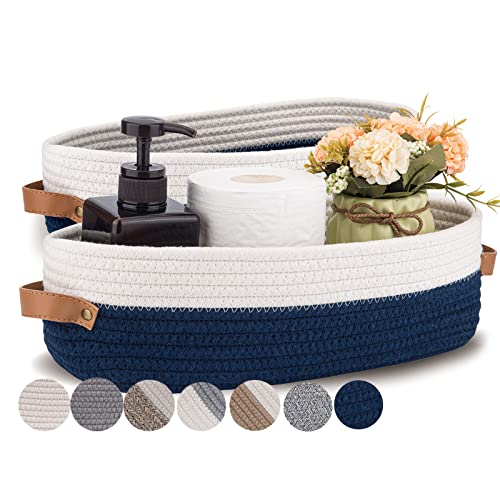 Image of Oradrem Set of 2 Toilet Basket,Woven Storage Basket for Toilet Tank Top Farmhouse Home Decor Organizing Baskets 13"x5.9"x4" Navy Stitching White