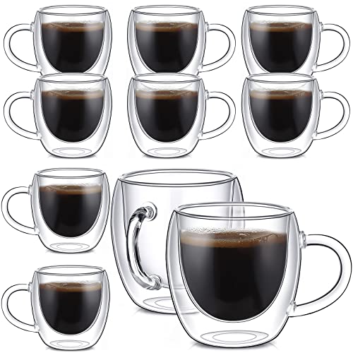 10 Pcs Double Wall Espresso Cups 2.7 oz Clear Glass Coffee Mugs Thermo Insulated Cups with Handle Borosilicate Glass Mug for Cappuccino, Latte, Tea, Hot Beverage