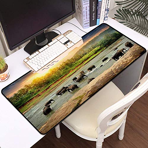 Gaming Mauspat, große Maus Matte Elephant Himmels idyllische Tour Herde Elefanten Baden Dschungel River Sri Natur Sunrise Design B, Genähte Kanten