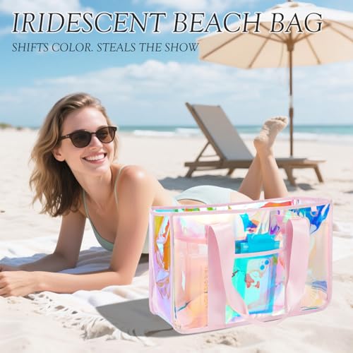 Image of Fammart Iridescent Clear Beach Bags Waterproof Sandproof for Women, Large Jelly Tote Zipper Pool Bag Cruise Essentials 2026