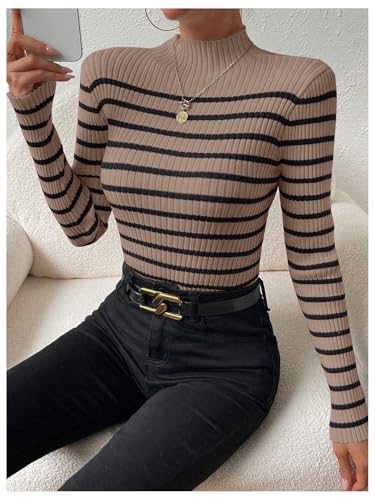 Image of MakeMeChic Women's Casual Rib Knit Striped Mock Neck Long Sleeve Pullovers Tops Slim Fitted Sweaters Brown Small