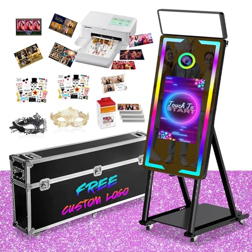 Image of Mirror Photo Booth with Printer 45-22in Interactive DSLR Photo Booth with Flight Case Remote Control RGB Light, Professional Photo Booth for Weddings Parties Event Rentals (Black-2)