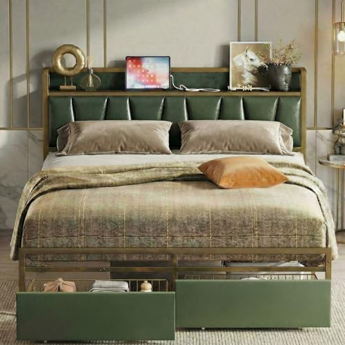 LIKIMIO Queen Bed Frame Storage Headboard with Charging Station Platform Bed with Drawers No Box Spring Needed Easy Assembly Dark Green